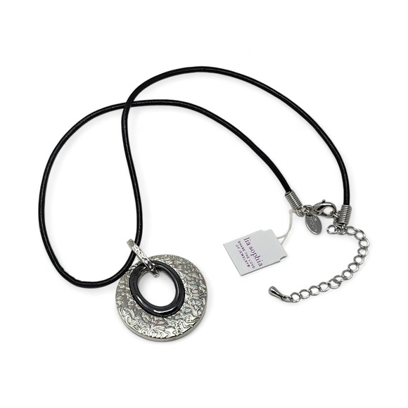 Lia Sophia Merge Necklace Black Leather Cord - Silver Black Enamel Circle 16-19" - Picture 4 of 5